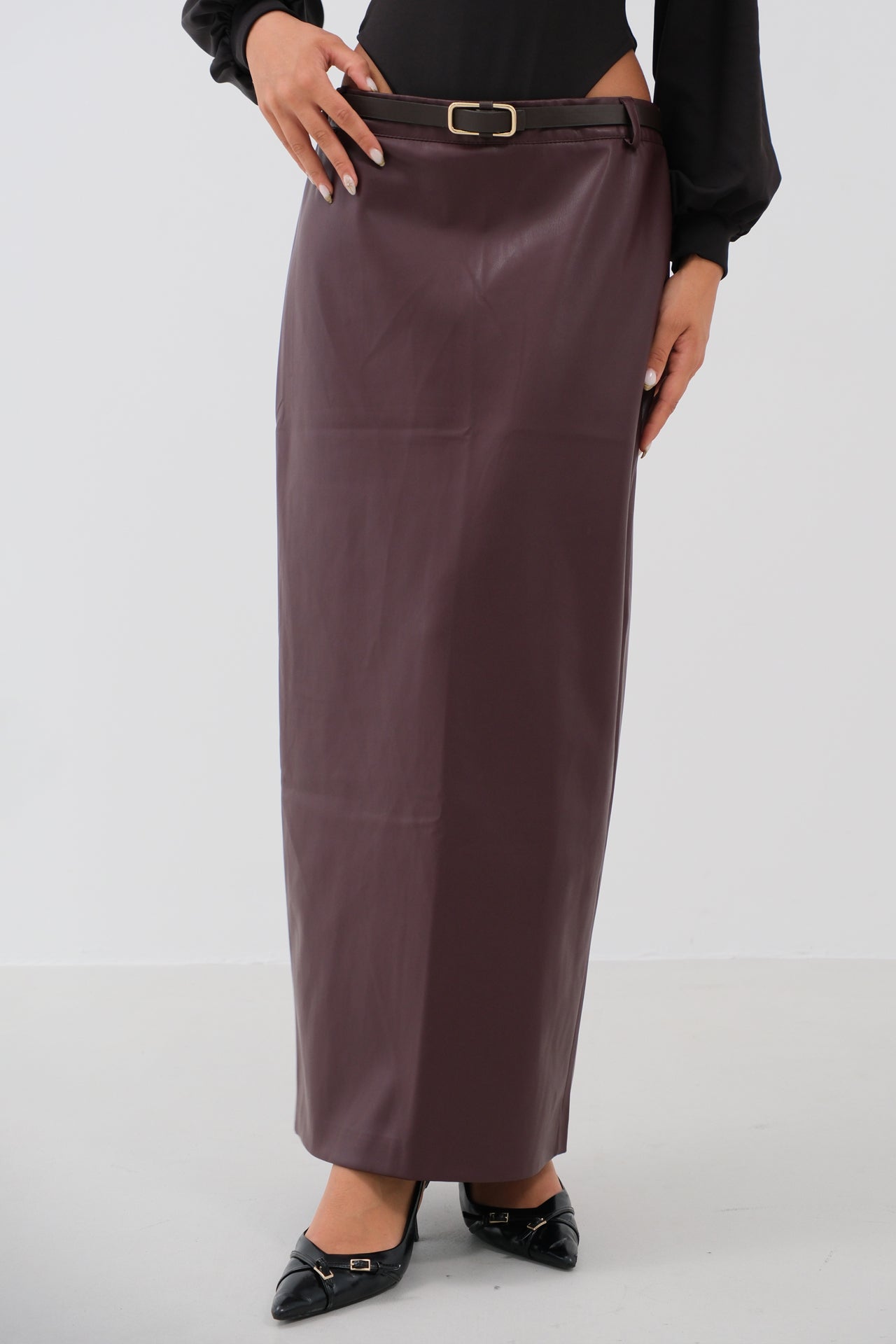 Belt Detail Burgundy Leather Skirt