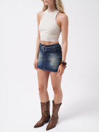 Belt Detail Denim Mini Dark Blue Skirt