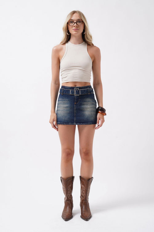 Belt Detail Denim Mini Dark Blue Skirt
