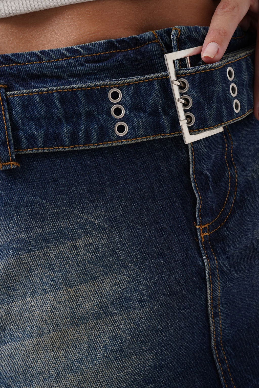Belt Detail Denim Mini Dark Blue Skirt