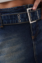 Belt Detail Denim Mini Dark Blue Skirt