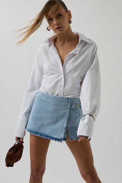 Belt Detail Asymmetric Blue Denim Skirt