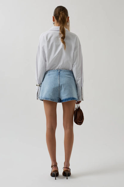 Belt Detail Asymmetric Blue Denim Skirt