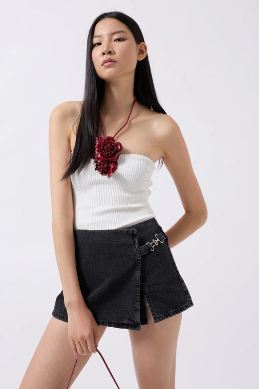 Belt Detail Asymmetric Denim Skirt