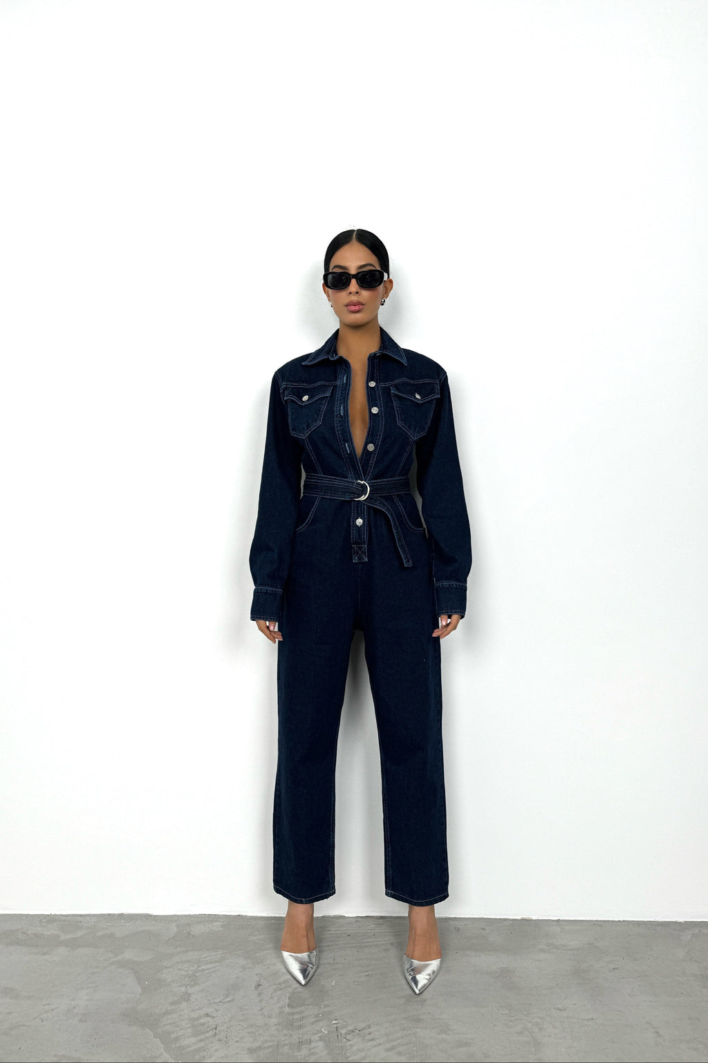 Waistt Detail Navy Denim Jumpsuit
