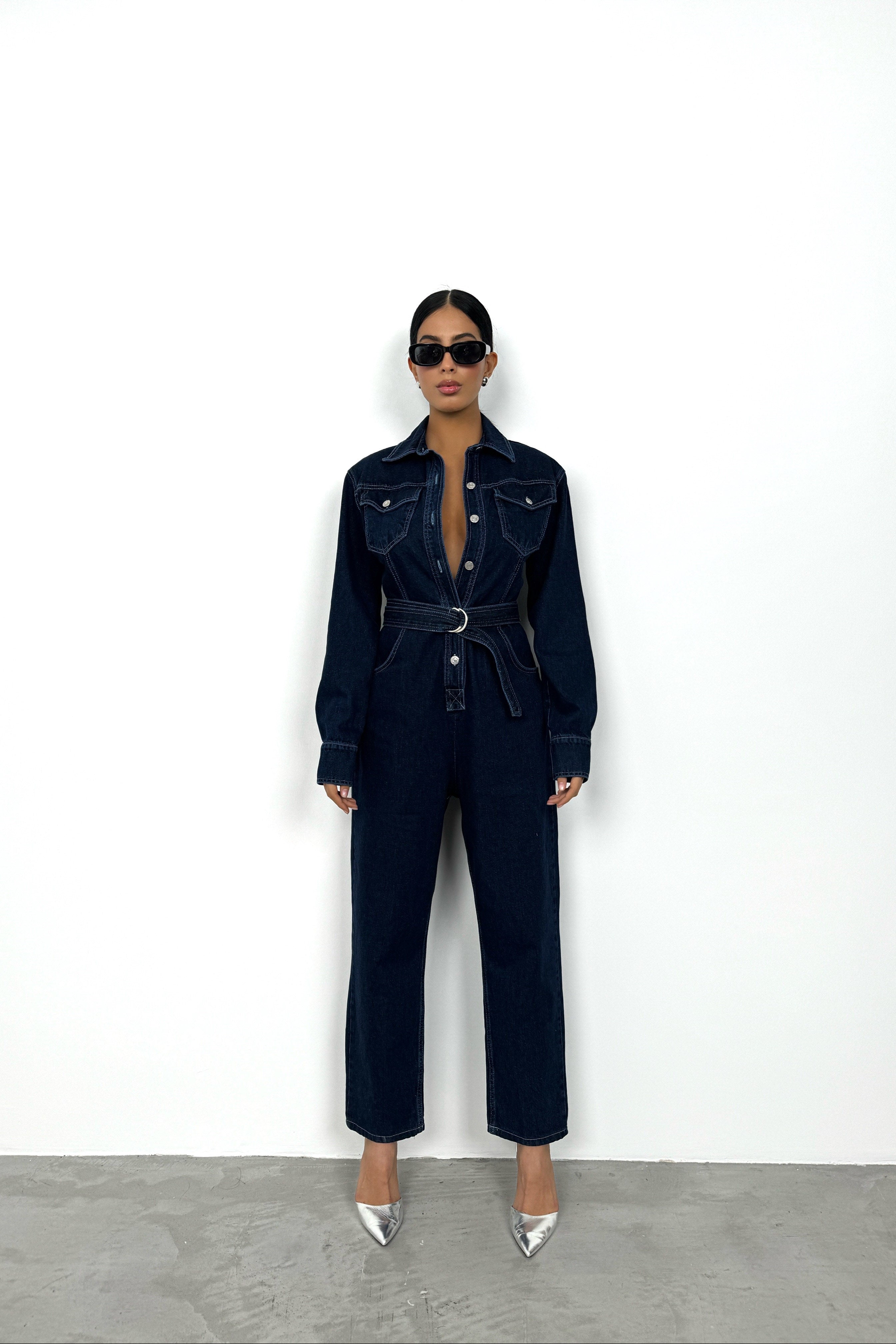 Waistt Detail Navy Denim Jumpsuit