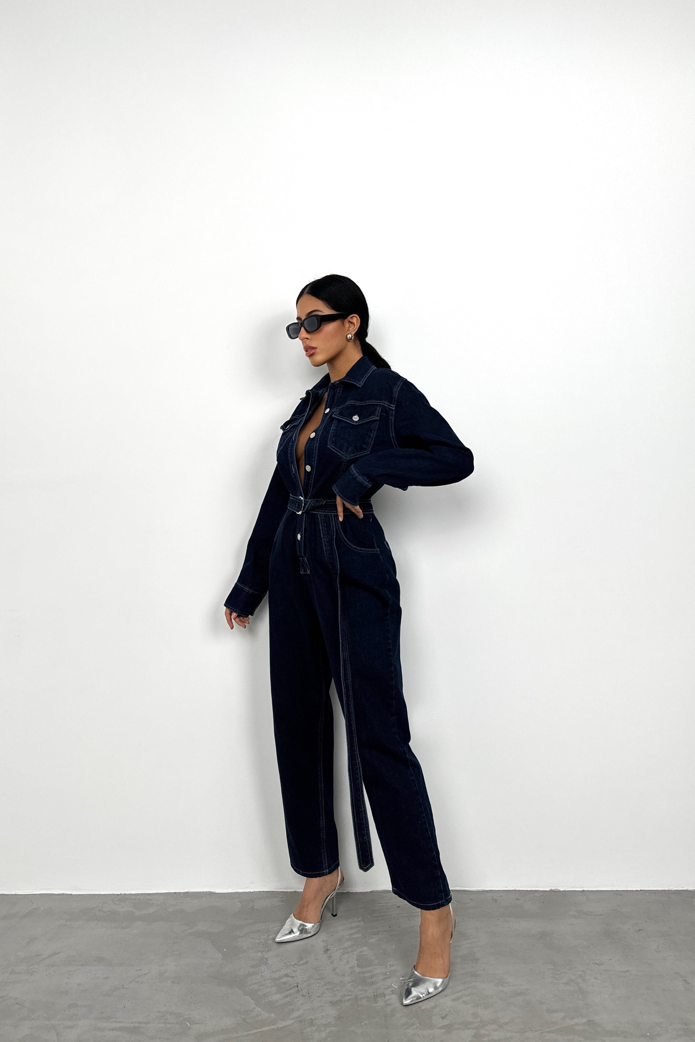 Waistt Detail Navy Denim Jumpsuit
