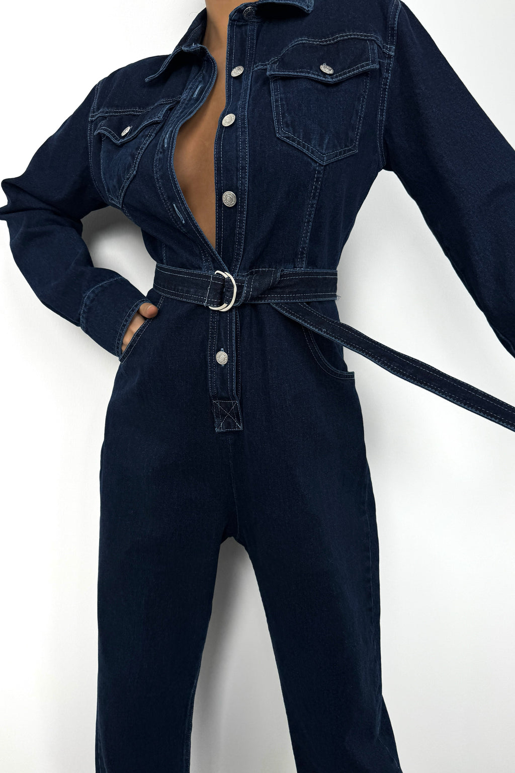 Waistt Detail Navy Denim Jumpsuit