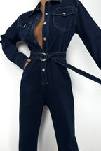 Waistt Detail Navy Denim Jumpsuit