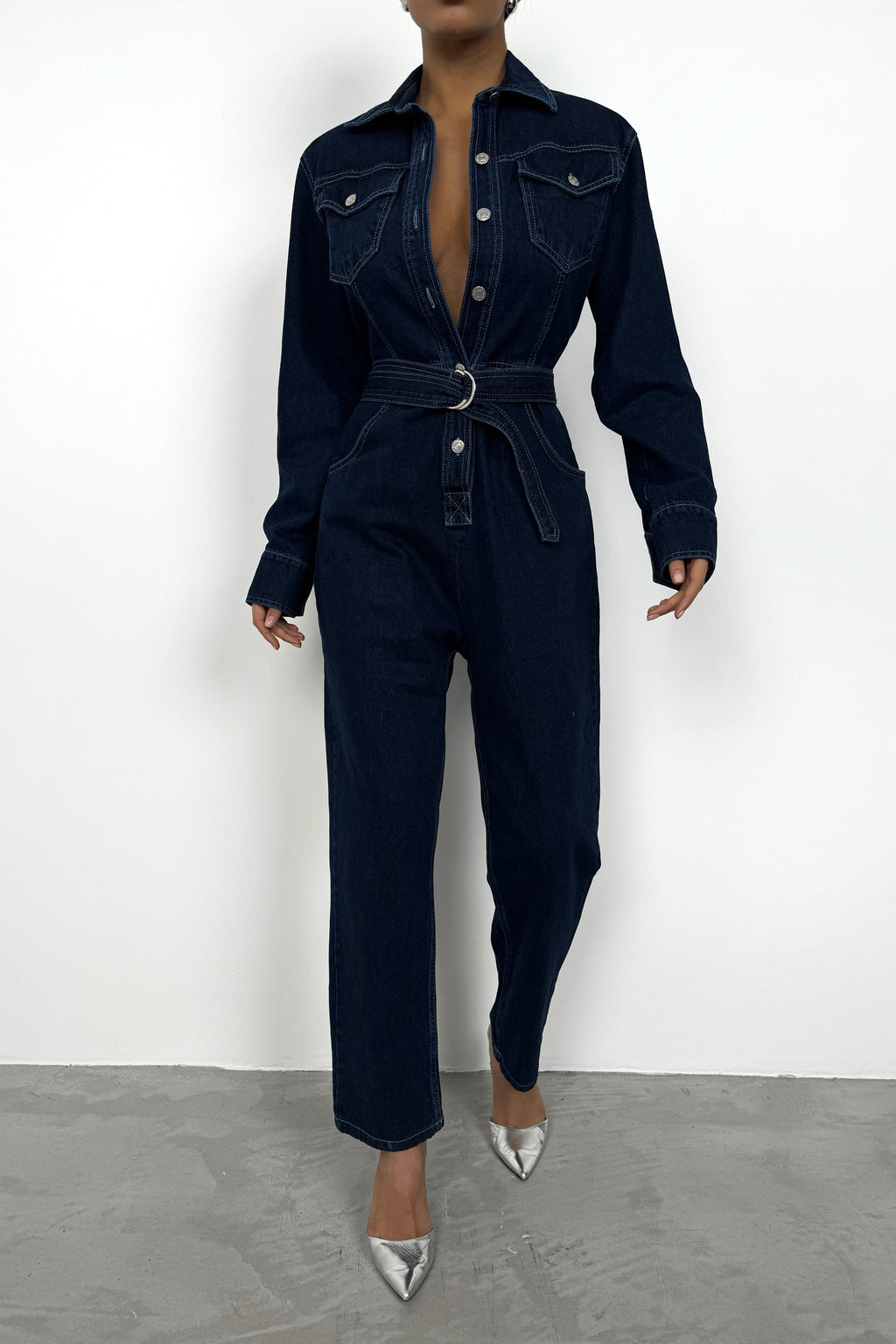 Waistt Detail Navy Denim Jumpsuit