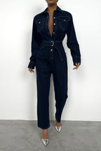 Waistt Detail Navy Denim Jumpsuit