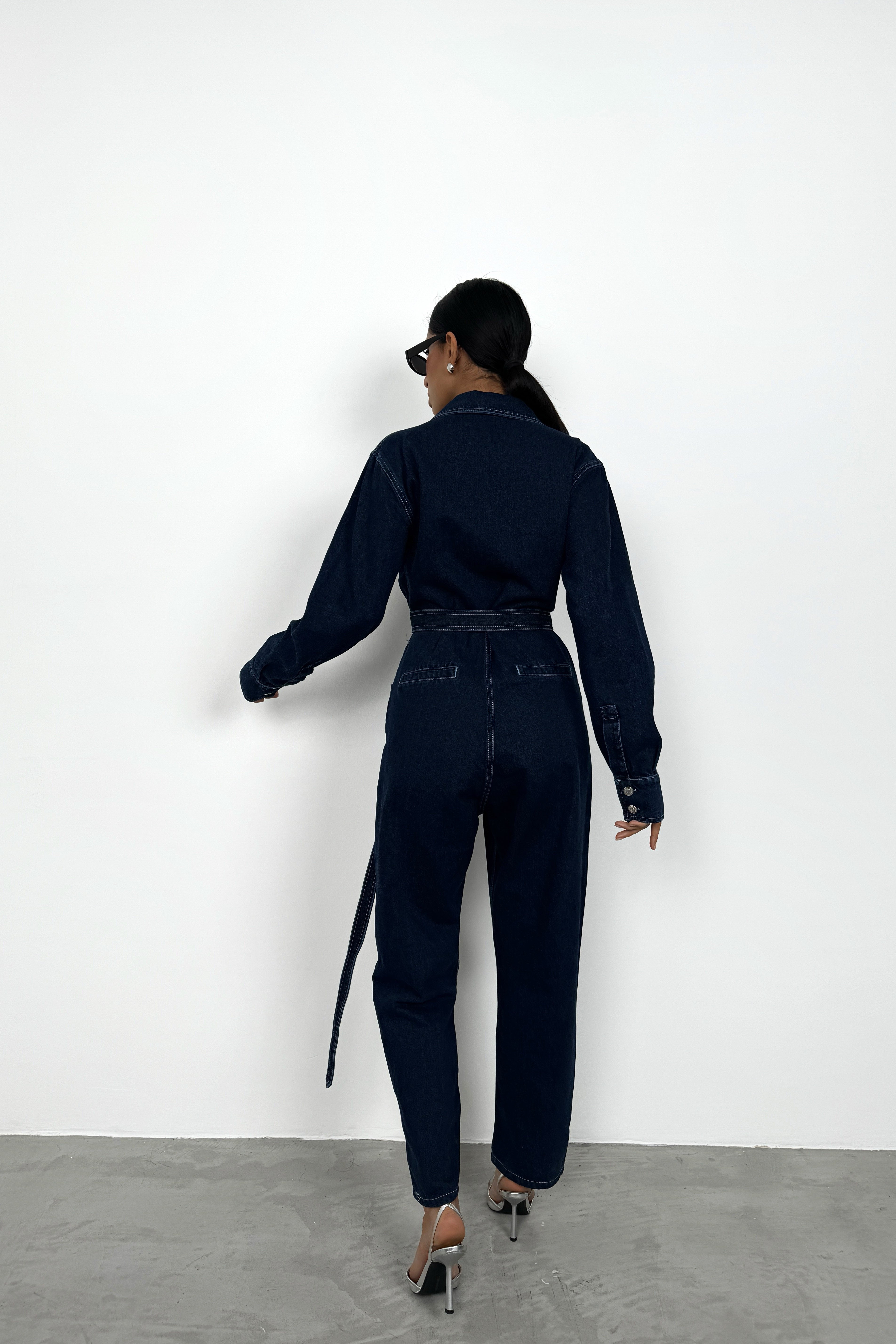 Waistt Detail Navy Denim Jumpsuit