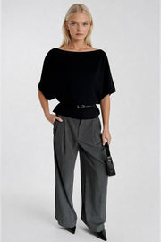 Black Knit Blouse with Belt Detail, Short Sleeves, and Boat Neck