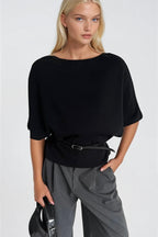 Belt Detail Short Sleeve Boat Neck Black Knit Blouse
