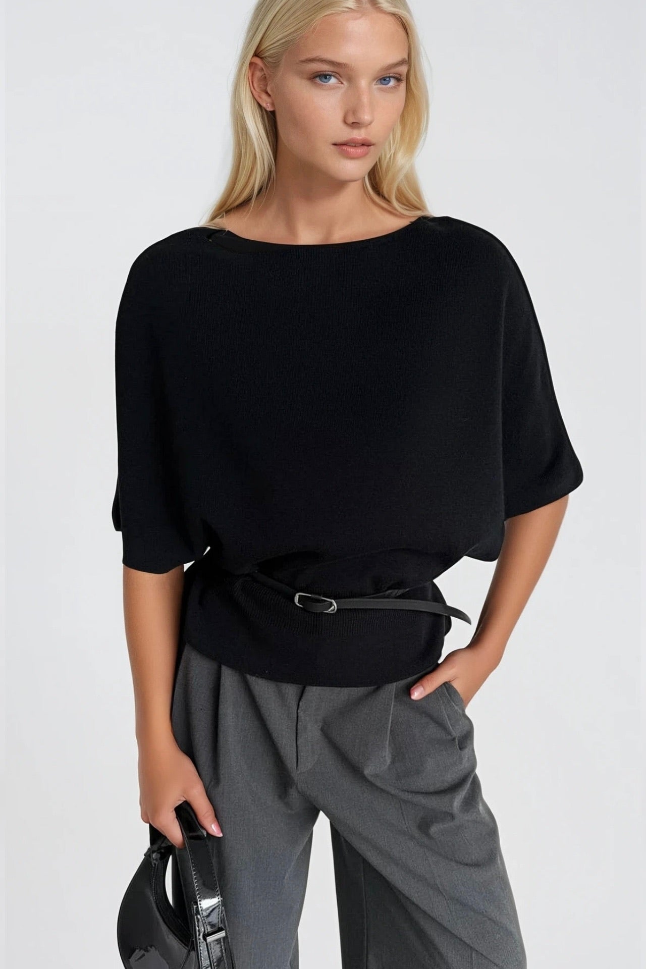 Belt Detail Short Sleeve Boat Neck Black Knit Blouse