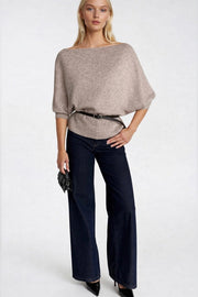 Belt Detail Short Sleeve Boat Neck Beige Knit Blouse