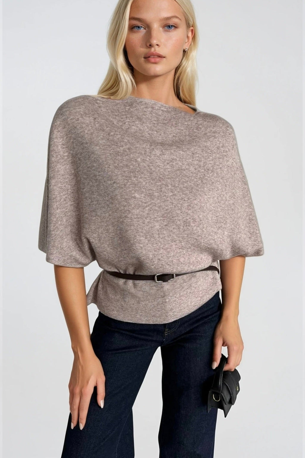 Belt Detail Short Sleeve Boat Neck Beige Knit Blouse