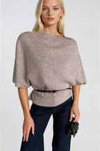 Belt Detail Short Sleeve Boat Neck Beige Knit Blouse