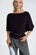 Belt Detail Short Sleeve Boat Neck Brown Knit Blouse