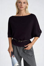 Belt Detail Short Sleeve Boat Neck Brown Knit Blouse