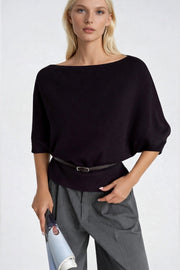 Brown Knit Blouse with Belt Detail, Boat Neck, and Short Sleeves