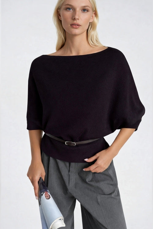 Belt Detail Short Sleeve Boat Neck Brown Knit Blouse