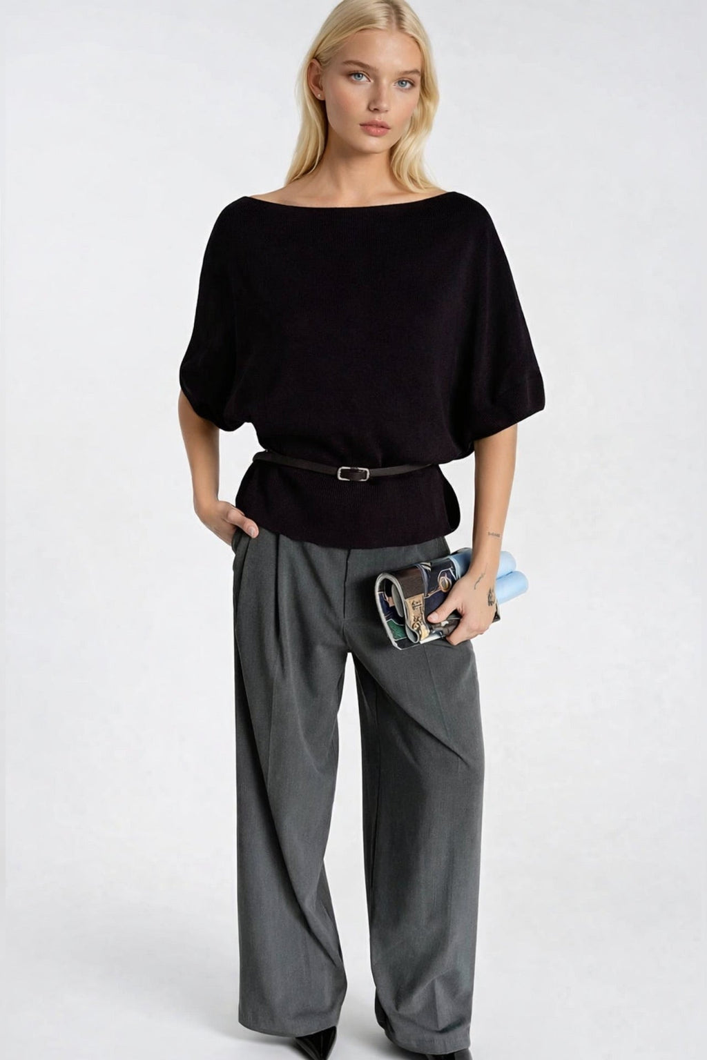 Belt Detail Short Sleeve Boat Neck Brown Knit Blouse