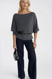 Anthracite Knitted Blouse with Belt Detail, Short Sleeves, and Boat Neck