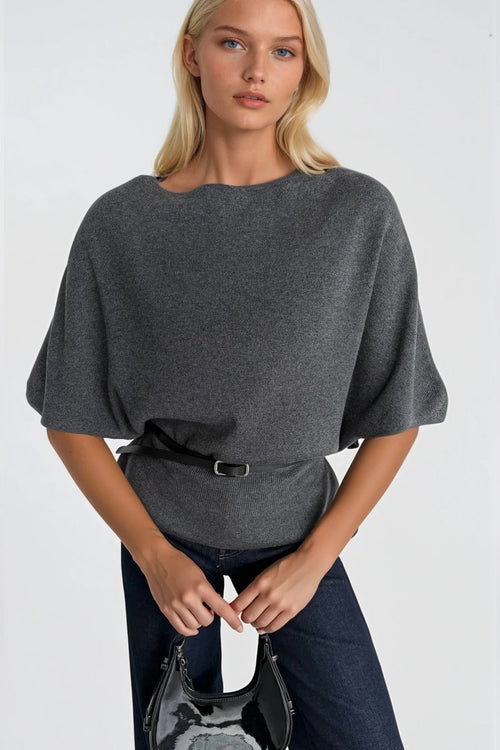 Belt Detail Short Sleeve Boat Neck Anthracite Knit Blouse