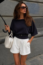 Kemer Detail Short-Sleeve Boat-Neck Navy Knit Blouse