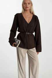 Brown Belt Detail Wrap Collar Knit Cardigan