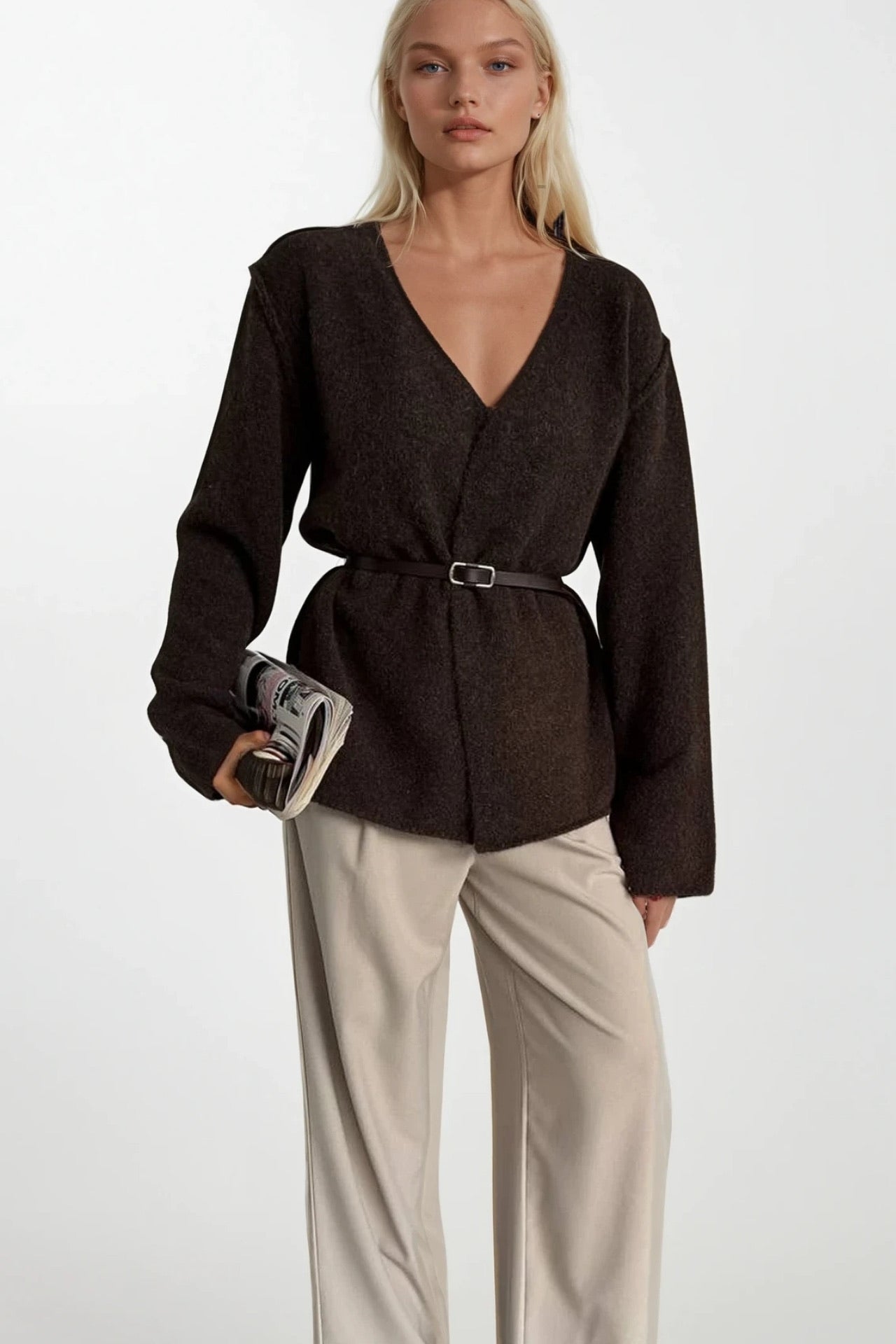 Belt Detail Wrap Collar Brown Knit Cardigan