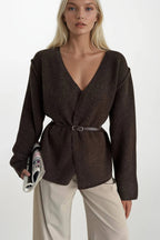 Belt Detail Wrap Collar Brown Knit Cardigan