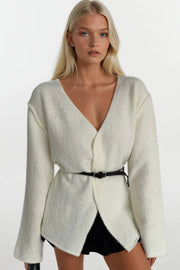 Ecru Knit Cardigan with Belt Detail and Wrap Collar