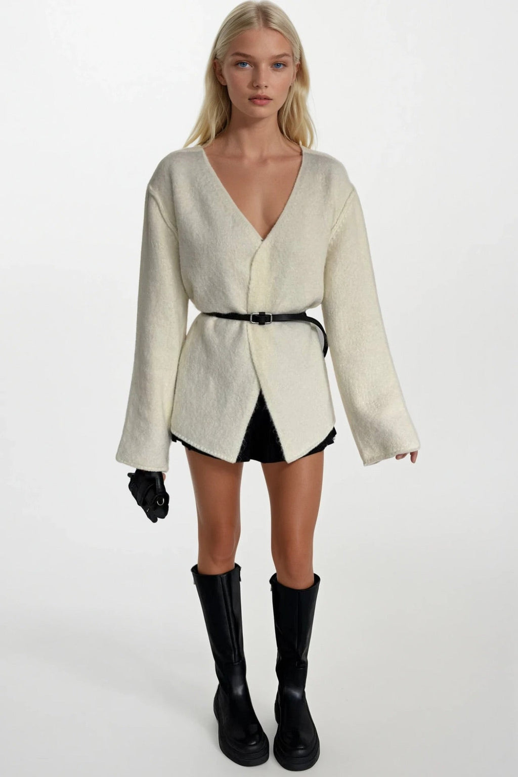 Belt Detail Wrap Collar Ecru Knit Cardigan
