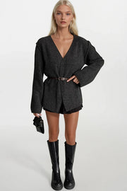 Anthracite Knit Cardigan with Belt Detail and Crossover Collar