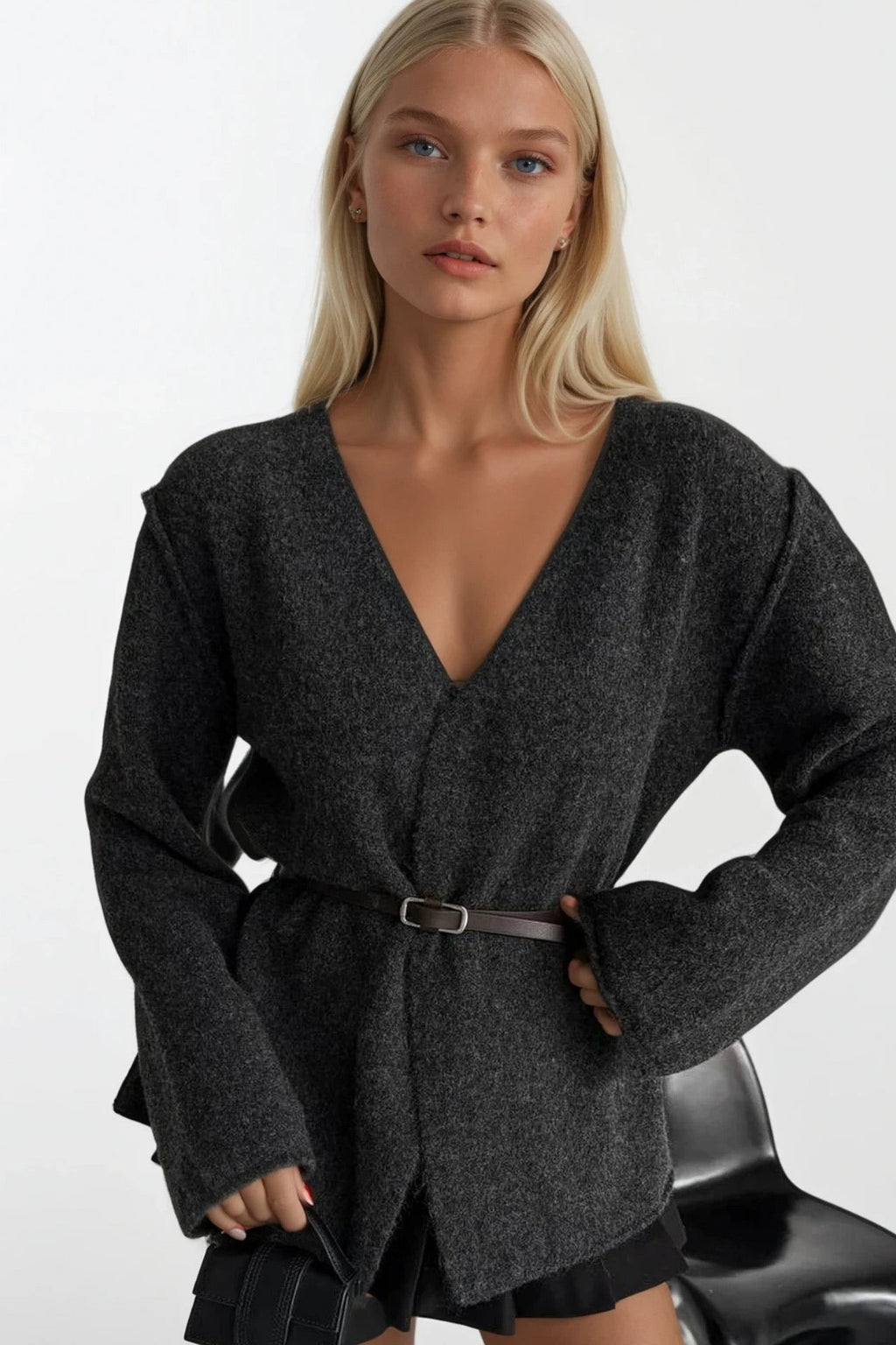Belt Detail Wrap Collar Anthracite Knit Cardigan