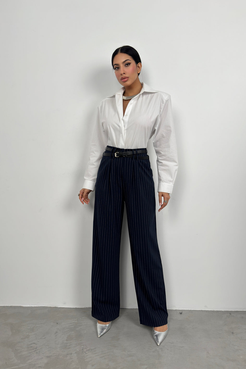 Belt Detail Navy Casual Pants