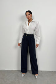 Belt Detail Navy Blue Casual Trousers