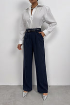 Belt Detail Navy Casual Pants