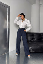 Belt Detail Navy Casual Pants
