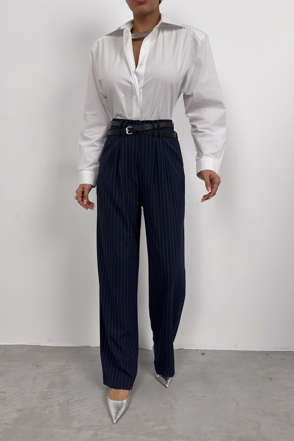 Belt Detail Navy Casual Pants