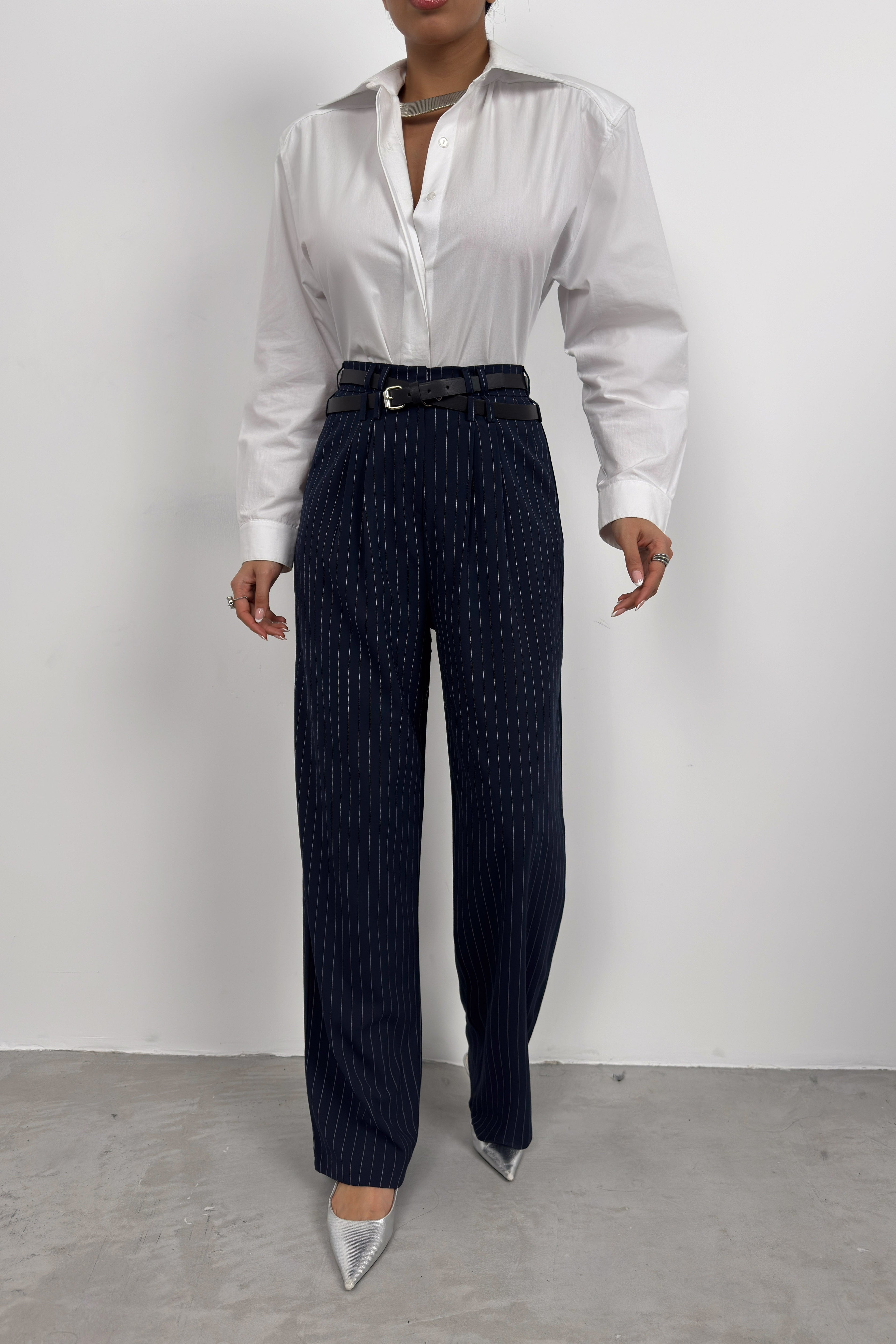 Belt Detail Navy Casual Pants
