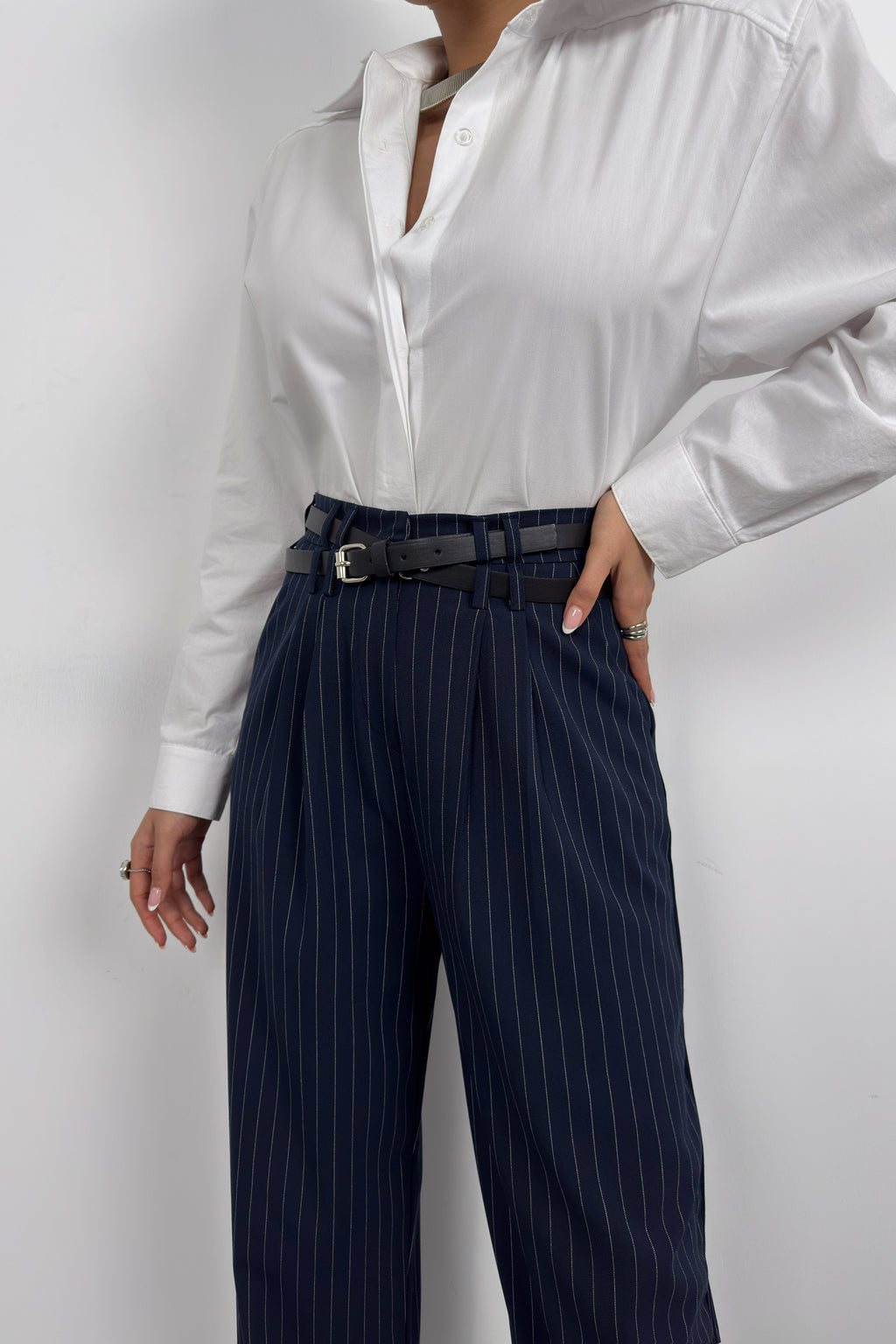 Belt Detail Navy Casual Pants