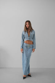 Belt Detail Maxi Light Blue Denim Skirt
