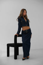 Waistt Detail Maxi Navy Denim Skirt