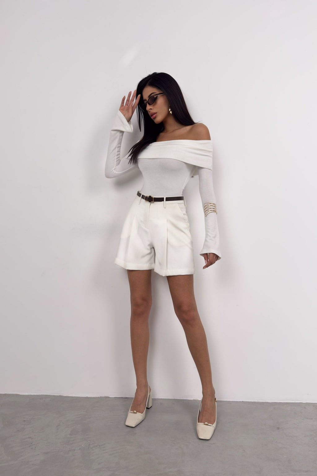 Waistt Detail Ecru Mini Shorts