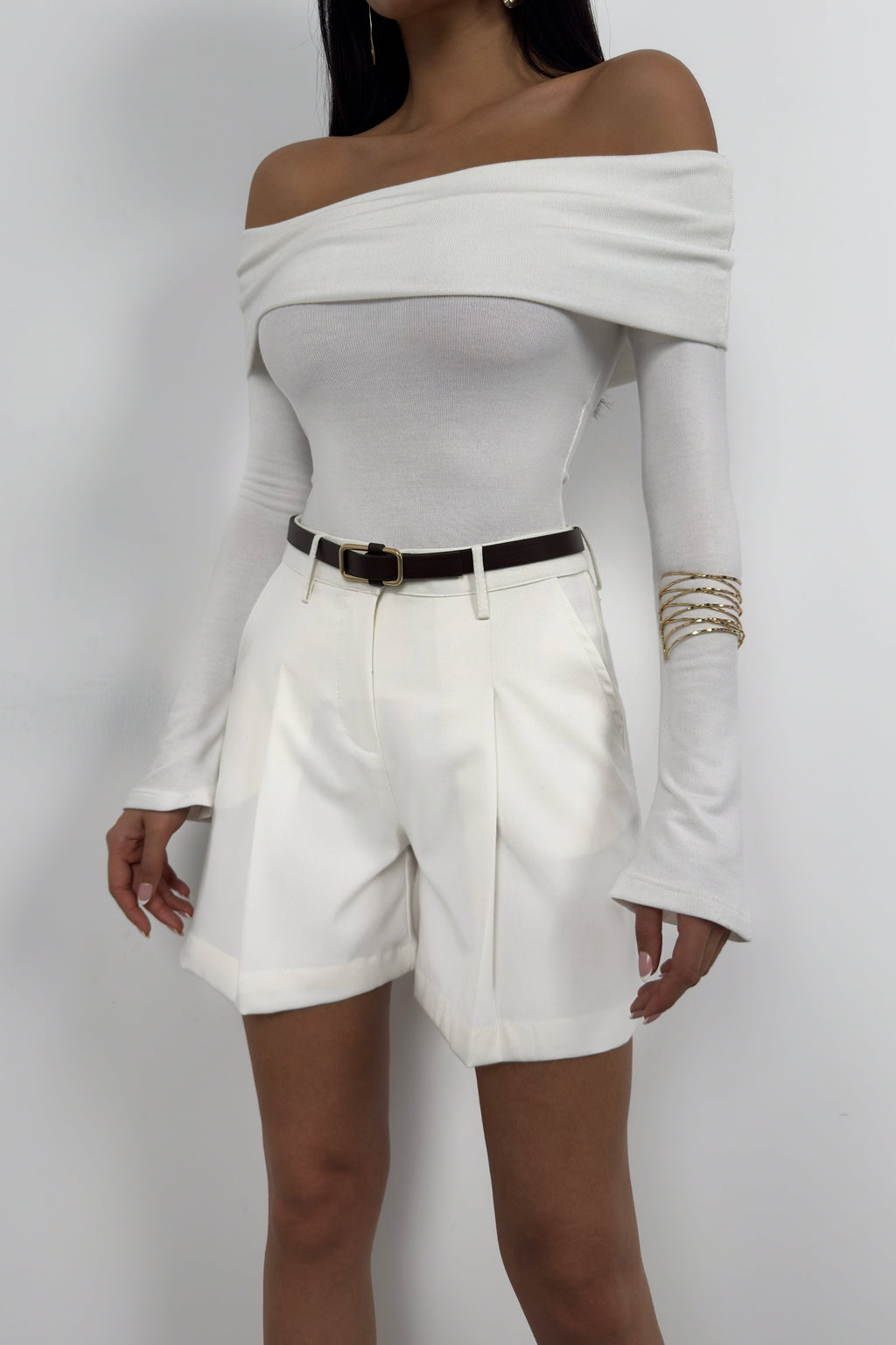 Waistt Detail Ecru Mini Shorts