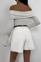 Waistt Detail Ecru Mini Shorts