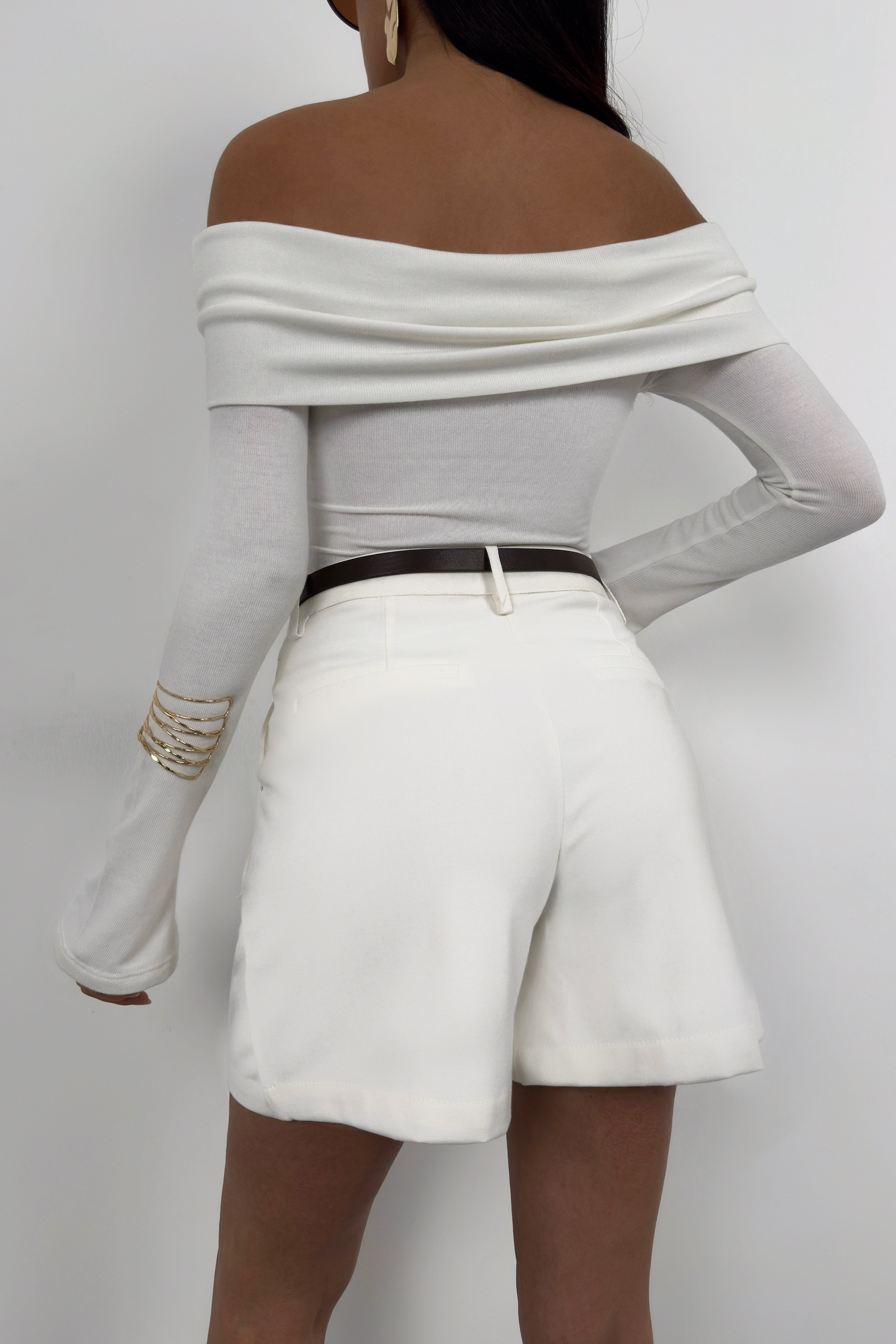 Waistt Detail Ecru Mini Shorts